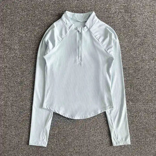 Wholesale Running Tops Half Zip Stand up Collar Sports Shirts Thumb Hole Long Sleeve Gym Fitness Top Ribbed Yoga T Shirt Women