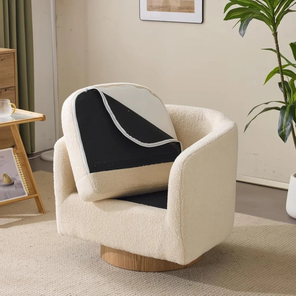 360° Swivel Khaki Teddy Fleece Accent Chair with Engineered Wood Base and Removable Cushion for Living Room,Bedroom, Curved Bac