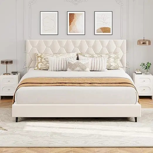 Beige King-Size Upholstered Headboard Bed Frame, Sturdy Wood Platform Base with Adjustable Headrest