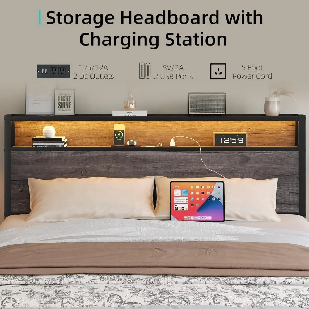 Twin Size Bed Frame with Built-in Charging Port and LED Lighting, Twin Bed Platform with Storage Headboard and Strong Steel Slat