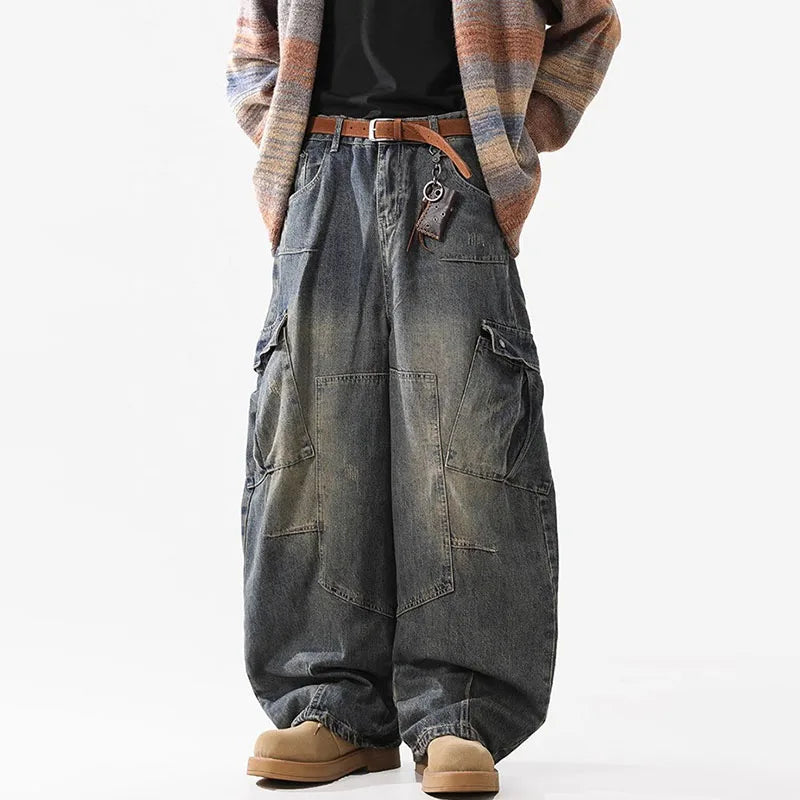 Retro Multi Pocket Curved Knife Jeans Autumn And Winter Vintage Wide Leg Workwear Pants Korean Version High Street Men'S Jeans