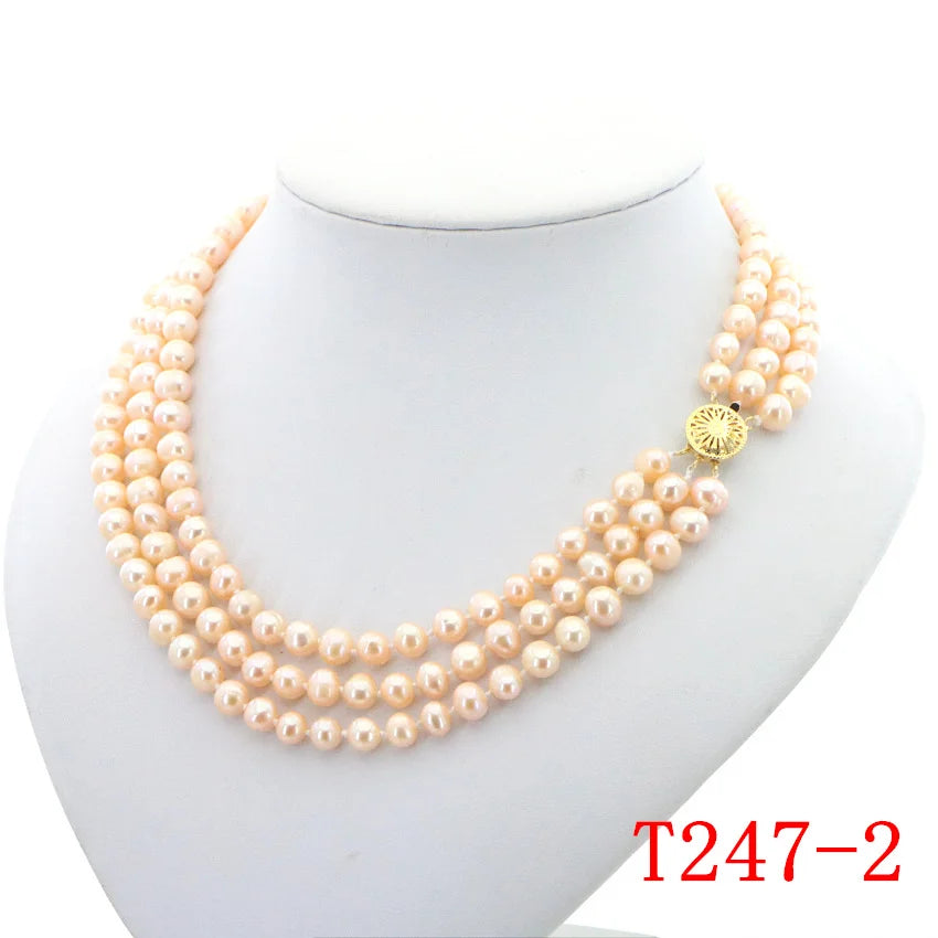 3 Rows Freshwater Pearls Necklace Wedding Jewelry Set for Women 7-8mm Beads Multicolor Selection Birthday Party Clavicle Chain