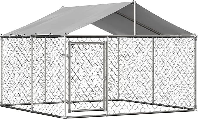 Large Outdoor Dog Kennel, Heavy Duty Galvanized Steel Dog Enclosure with Waterproof UV-Resistant Cover, Lockable Door Chain Link