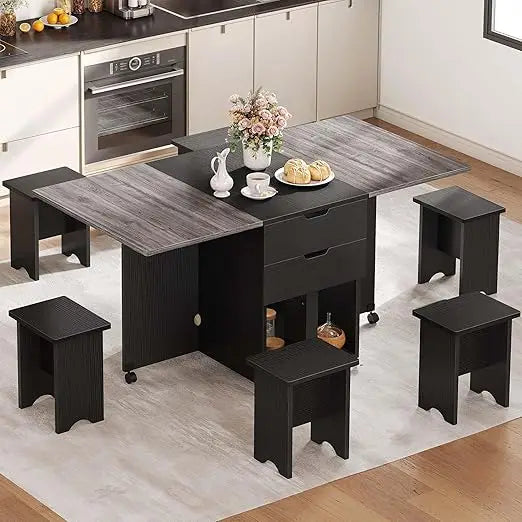 6-person folding dining table set with 7-piece extendable table and 6 chairs, 66.9" drop leaf wooden kitchen dining set