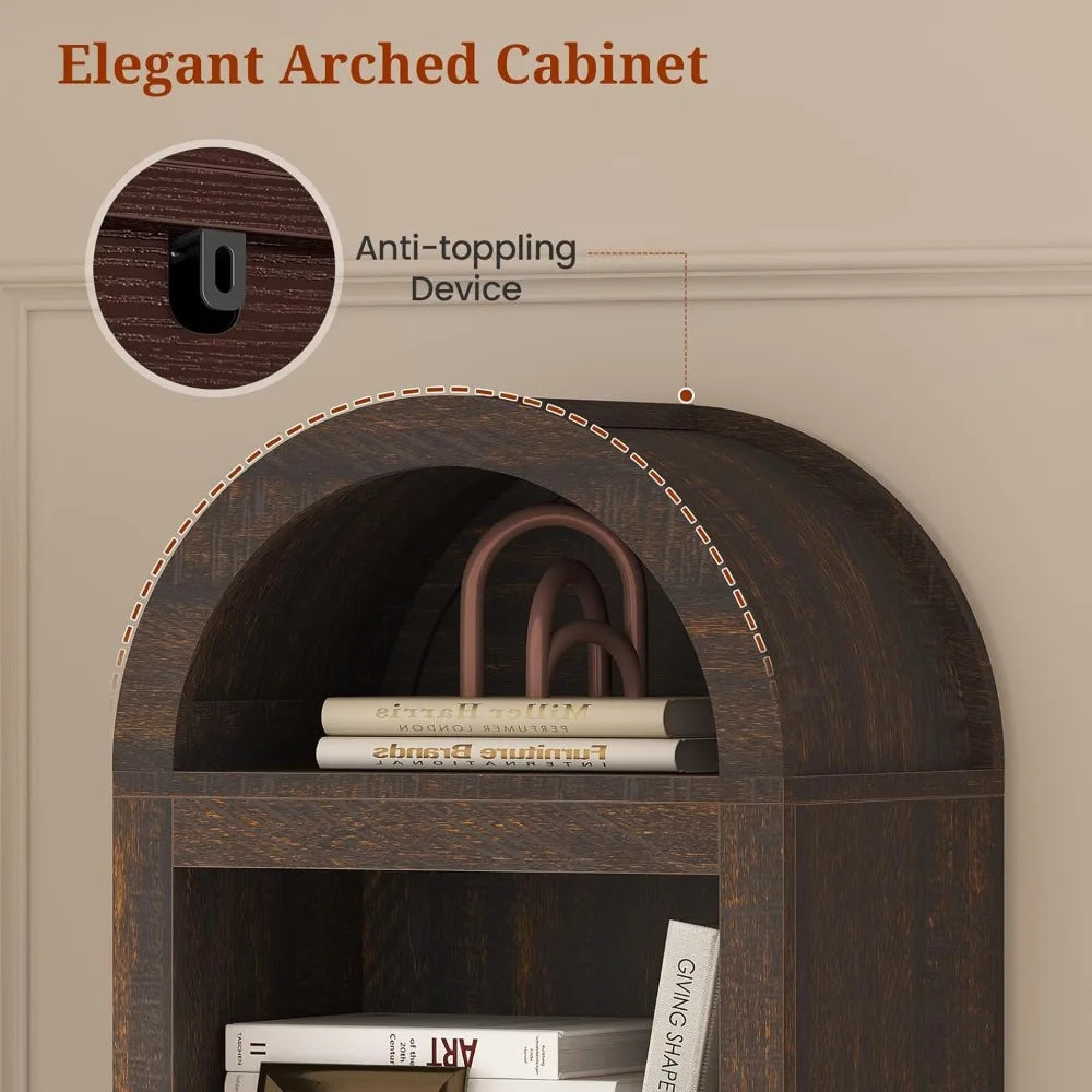 76" high 3-tier slim arched bookshelf - modern adjustable shelving for living room storage