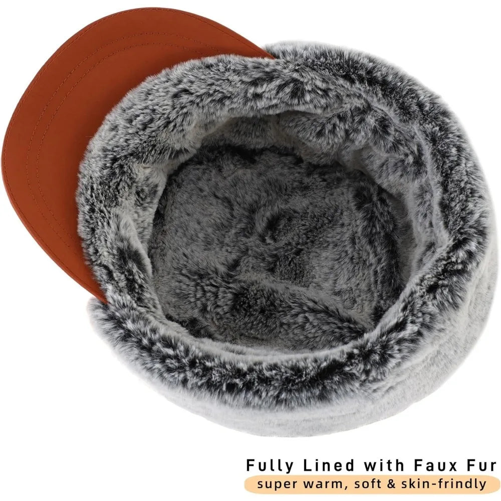 Men's Winter Hat with Visor Warm Earflaps Hat Fully Lined Faux Fur Baseball Cap Trapper Hunting Hats