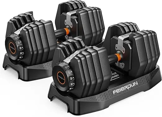 Feierdun 15-in-1 Adjustable Dumbbells, 5 to 52.5 Pounds, with Quick-Change Weight System, Non-Slip Grips, and Traction Handles