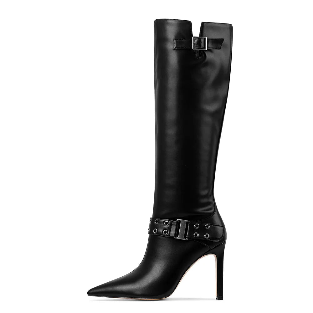 Sexy Pointed Toe Thin High Heel Female Fashion Modern Boots Hollow Metal Punk Spring/Autumn Party Mid-calf Boots For Women