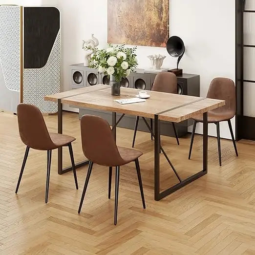Modern 55" Wood Dining Table Set for 4 with Fabric Chairs, Perfect for Kitchen
