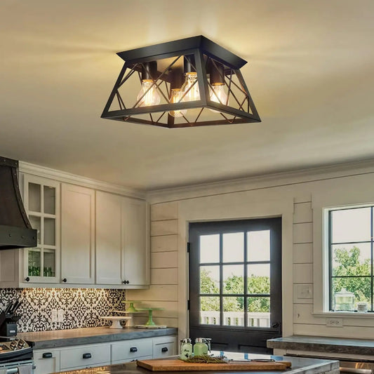 4-Light Black Flush Mount Ceiling Light for Kitchen Hallway, Industrial Close to Ceiling Lighting, Farmhouse Square Ca