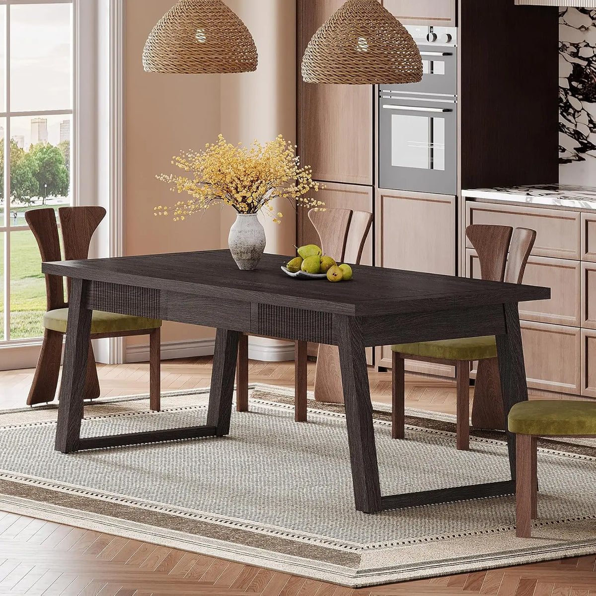 Dining Table with Storage Drawer for Dining Room, Rectangular Modern Dinner Kitchen Table with Solid Wood Legs for 4-6 People