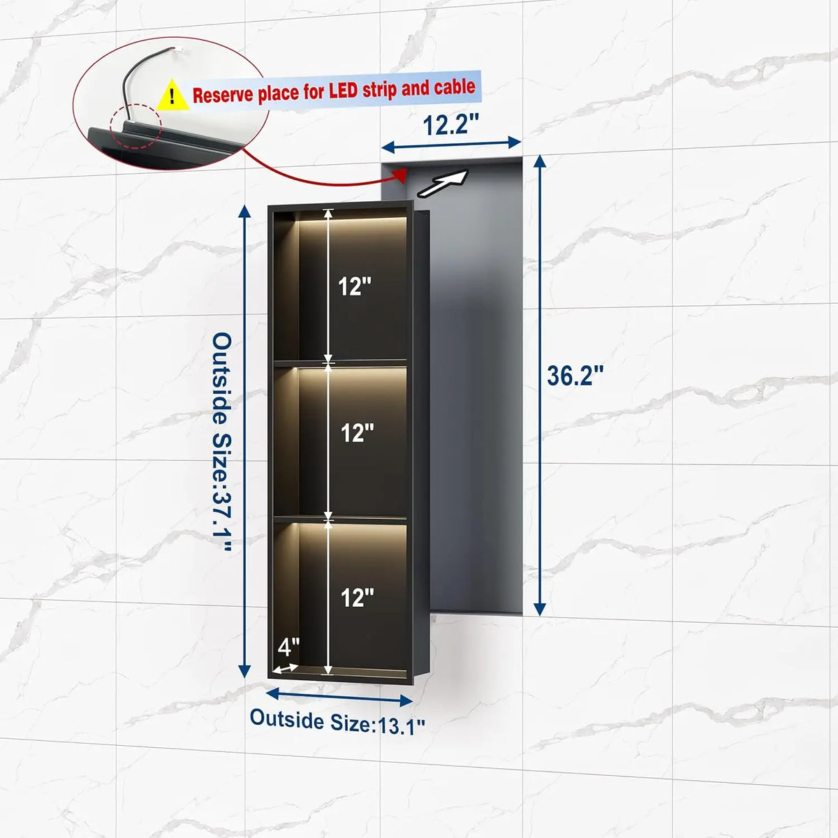 3-Tier 12x36“ Recessed Shower Niche with LED Light, Matte Black Stainless Steel Wall-Mounted Bathroom Shelf, 3000K Warm