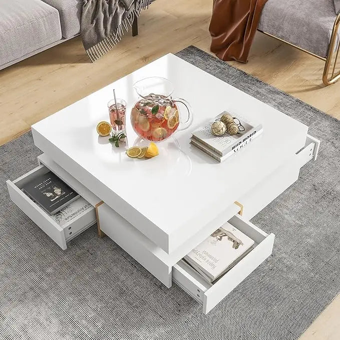 Coffee Table, Modern High Gloss Coffee Table with 4 Drawers, Multi-Storage Square Center Cocktail Table with Wood Grain Legs fo
