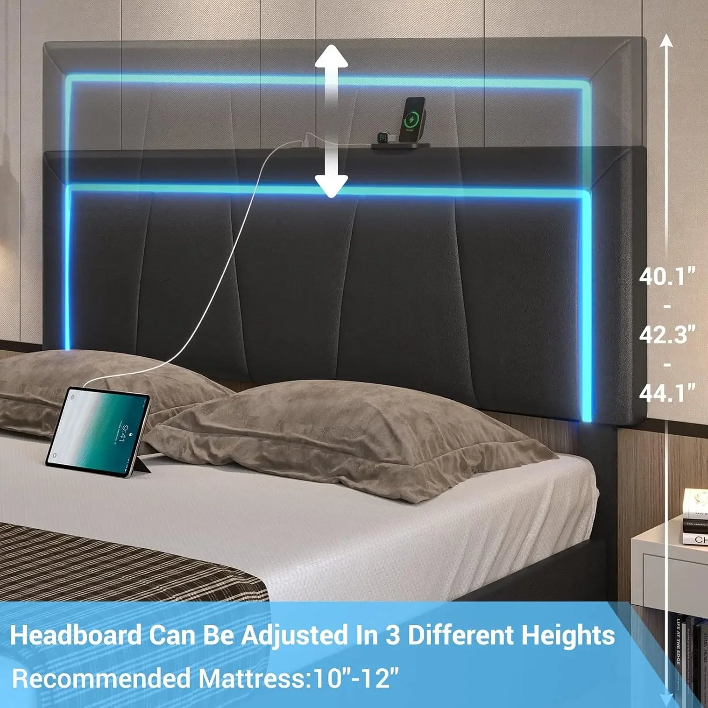 Large LED bed frame with 4 drawers and USB ports, equipped with storage space. Large black faux leather storage bed, black