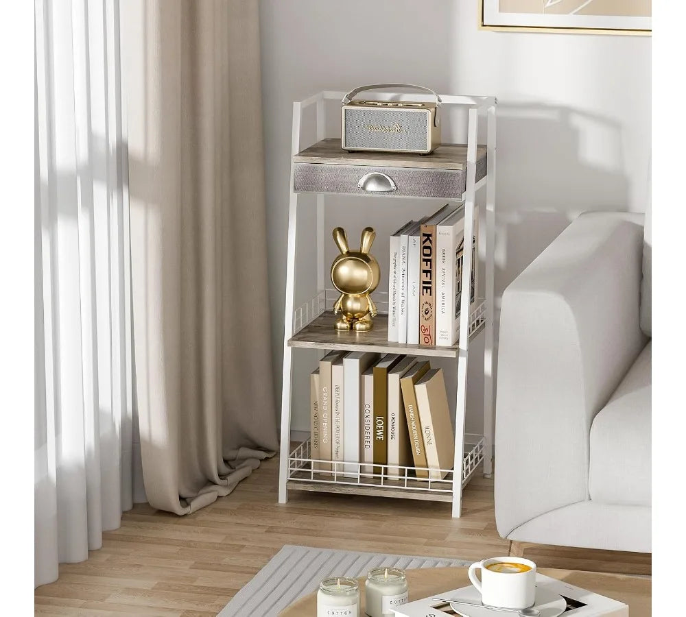3-Tier Bathroom Shelf with Drawer, Freestanding Storage Rack for Small Spaces, White Modern Ladder Shelf for Living Room Bedroom