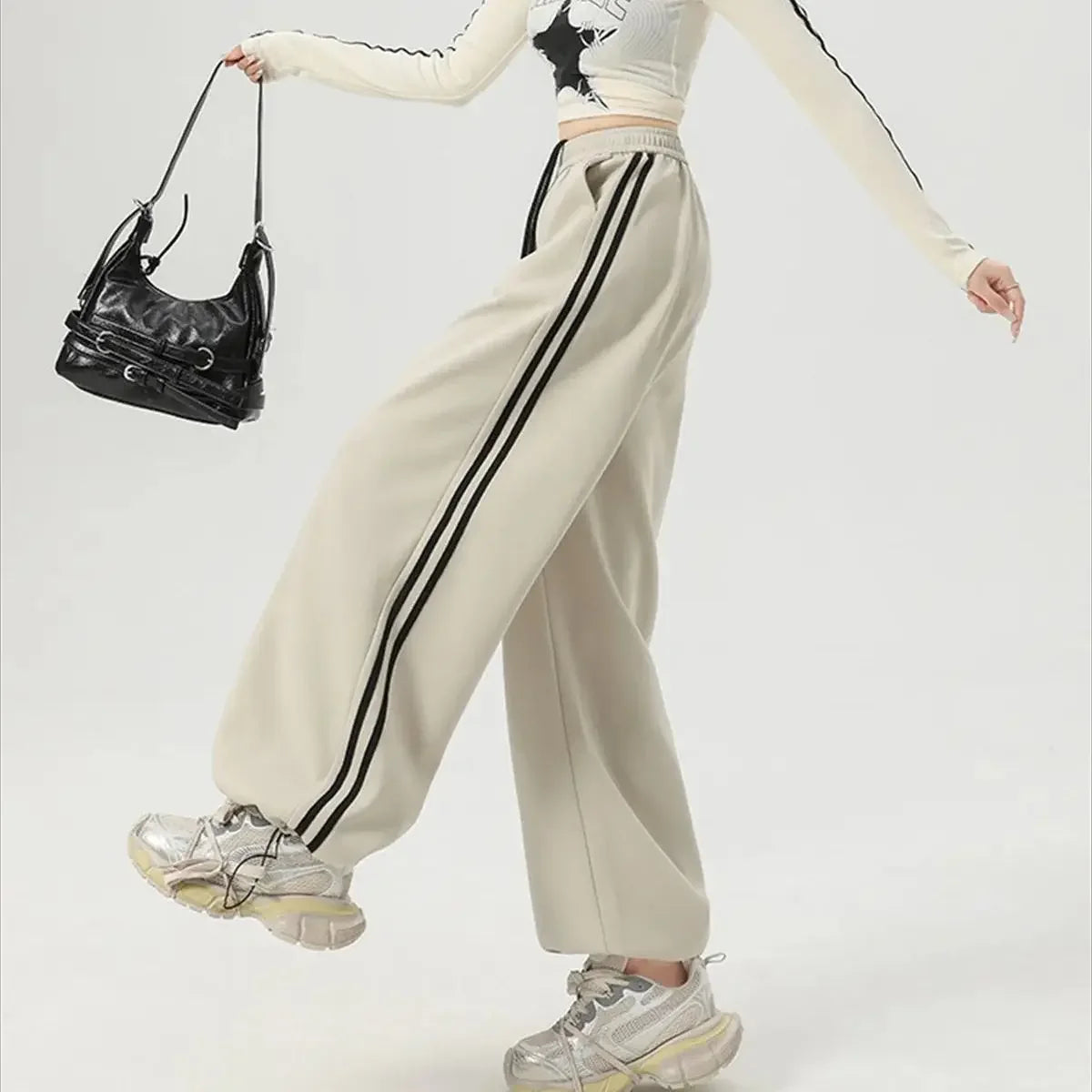 Women Stripe Chic Straight Pant Autumn Spring Retro Sports Sweatpants High Waist Color Blocked Trouseres Lady Casual Streetwear