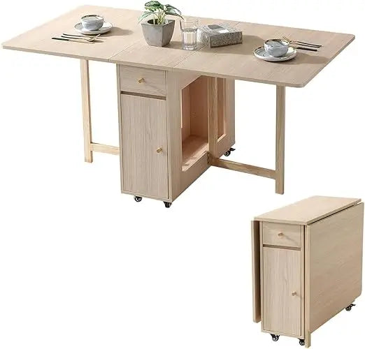 Folding Dining Table with Drop Leaves, Two Drawers, and Four Wheels for Space-Saving in Farmhouse-Style Living and Kitchen Areas