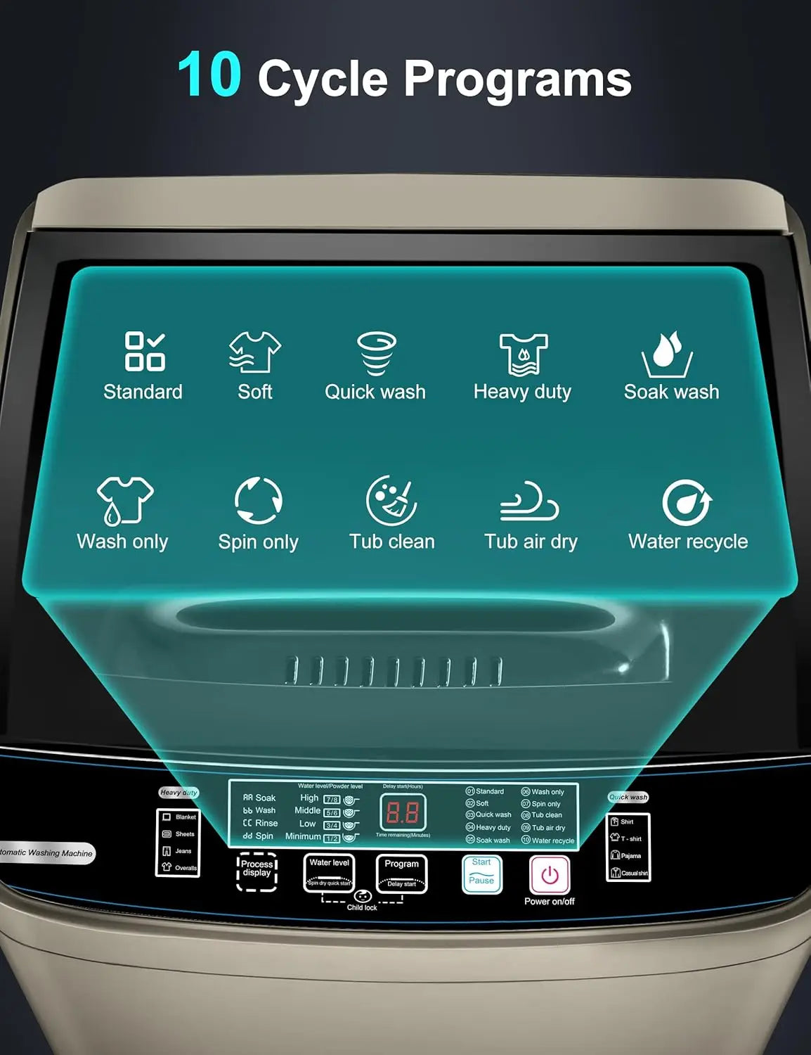 Save Energy Full Automatic Glod Washing Machine with LED Display 17.7 lbs Portable Washer Drain Pump 10 Programs&8 Water Levels