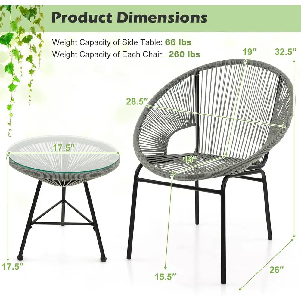 All-Weather Acapulco Patio Set with Plastic Rope Chairs and Tempered Glass Table for Outdoor Spaces (Grey)