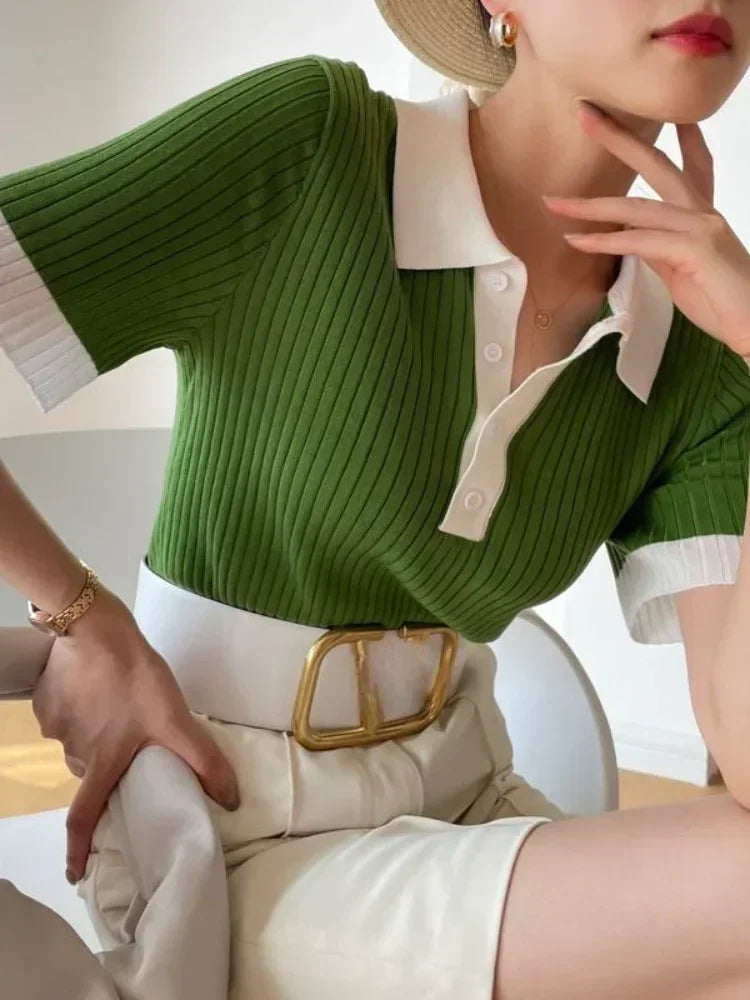 Women Clothing Temperament Elegant Knitted Contrast Tops Summer Fashion Commute POLO Short Sleeve Chic Button Slim T-shirt