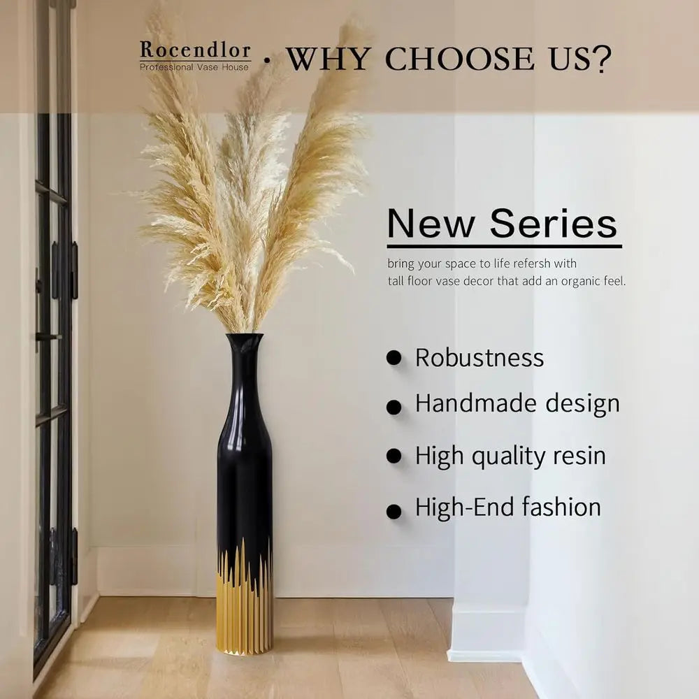 Black Tall Cylindrical Decorative Floor Vase with Gold Tooth Design for Home Living Room Entryway Wedding Resin Vases