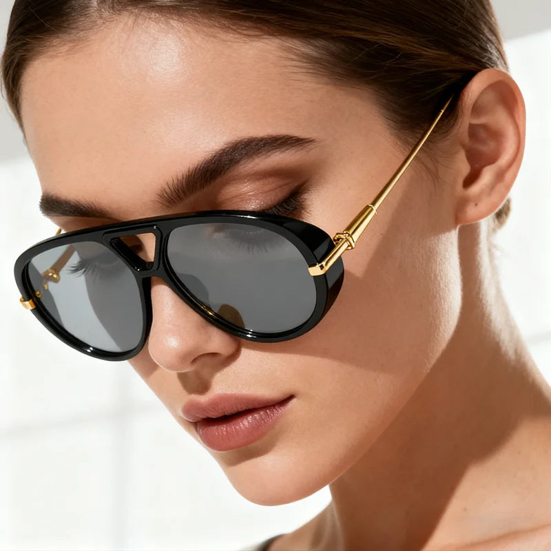Fashion Punk Big Pilot Sunglasses New Women Luxury 2025 Oversized Double Bridge Hollow Black Yellow Glasses Ladies Metal Female