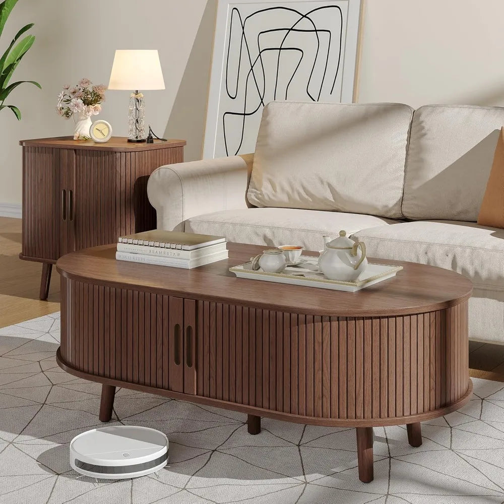 mid-century modern coffee table with sliding door and fluted hidden storage