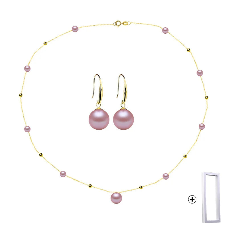 NYMPH 18K Gold Pearl Jewelry Set Natural Freshwater Pearl Necklace Pure AU750 Earrings for Women Wedding Gift t424
