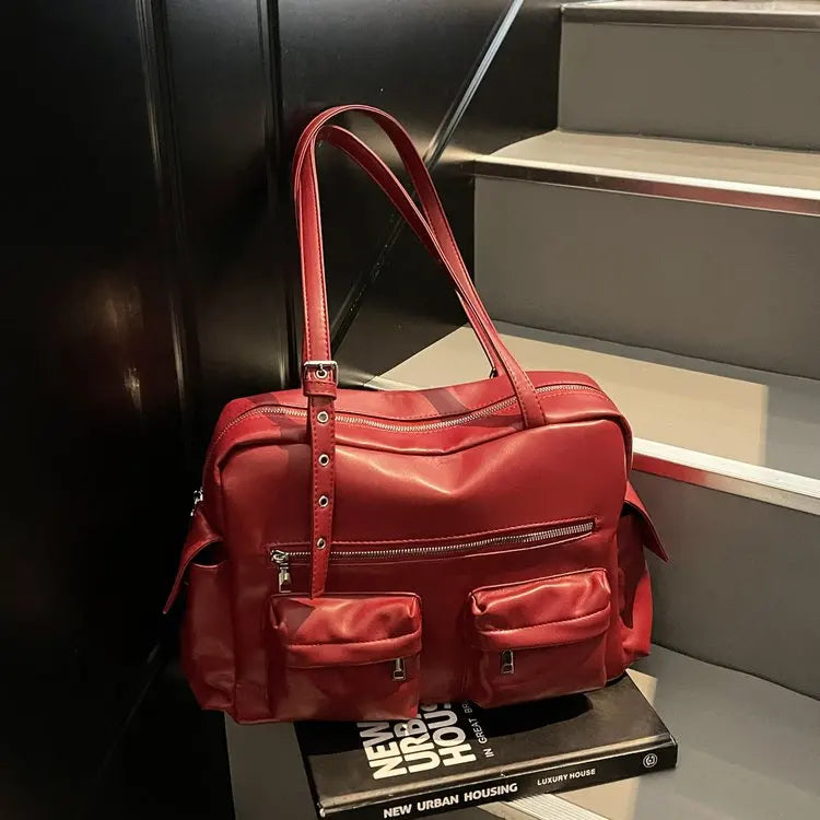 Women'S Bag Fashion Bowling Bag Red Shoulder Bag Vintage Motorcycle Bags For Ladies
