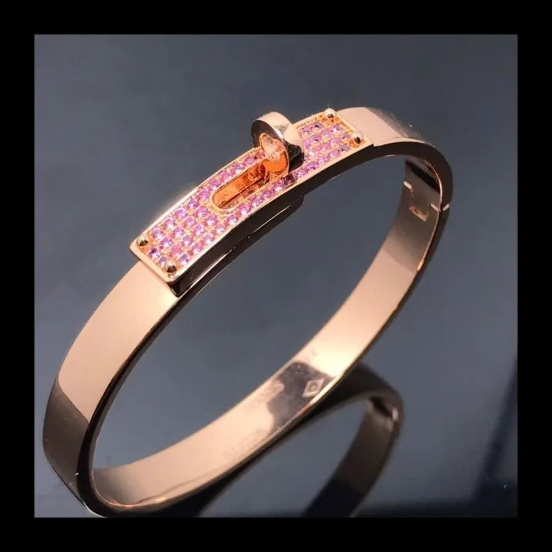 High Version Sterling Silver Kelly Pig Nose Full Diamond Bracelet Swing Button Gypsy Lock Rose Gold 18k Couple