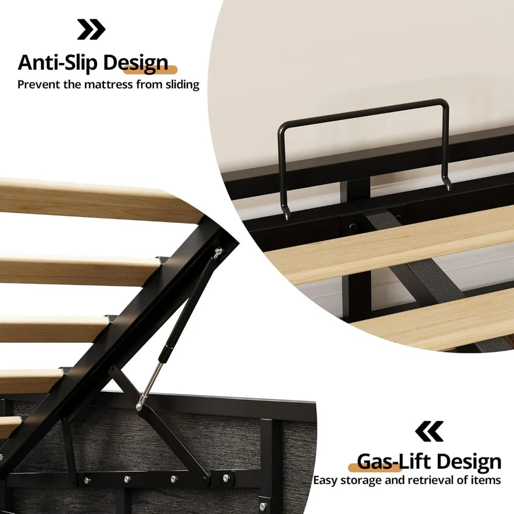 Farmhouse Style Queen Bed Frame with Lift Storage, Wooden Slat Support, Sturdy and Quiet, Easy Assembly
