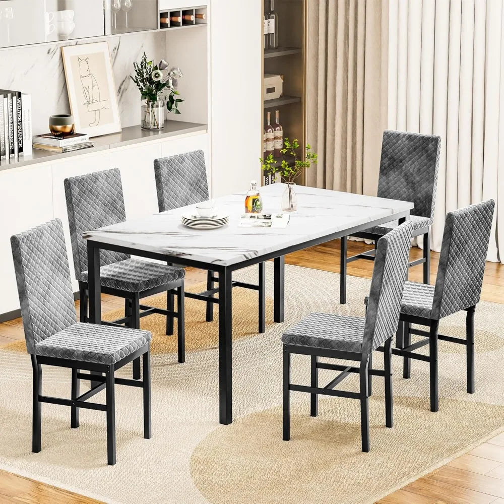 7 Piece Dining Table Set for 6 with Chairs of Velvet Foam, Faux Marble Kitchen Dining Table Set for Small Space, Living Room, A