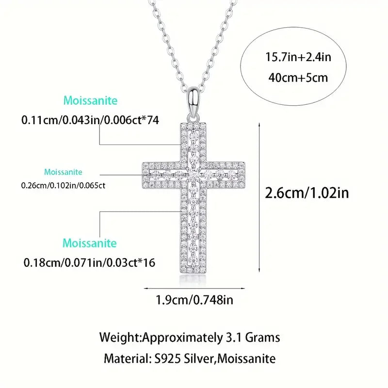 JIUZUAN S925 Silver Plated 18K Platinum Pendant Necklace Channel Set Cross Round Moissanite Diamond Wedding With Certificate