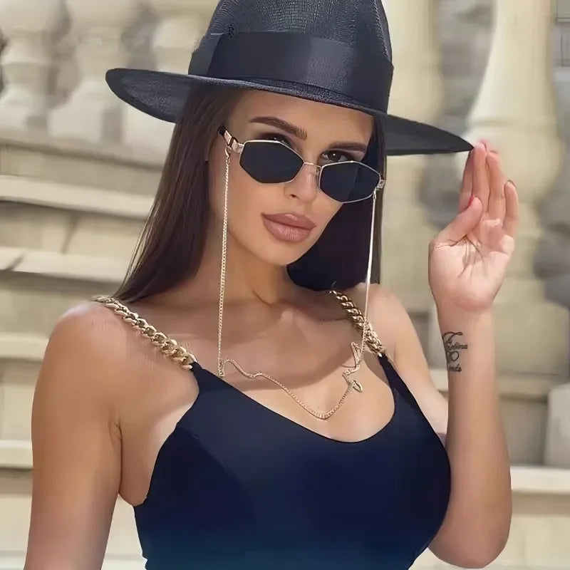 New Fashion Sunglasses with Chain for Women Luxury Brand Design Polygonal Sun Glasses for Female Small Frame Eyewear