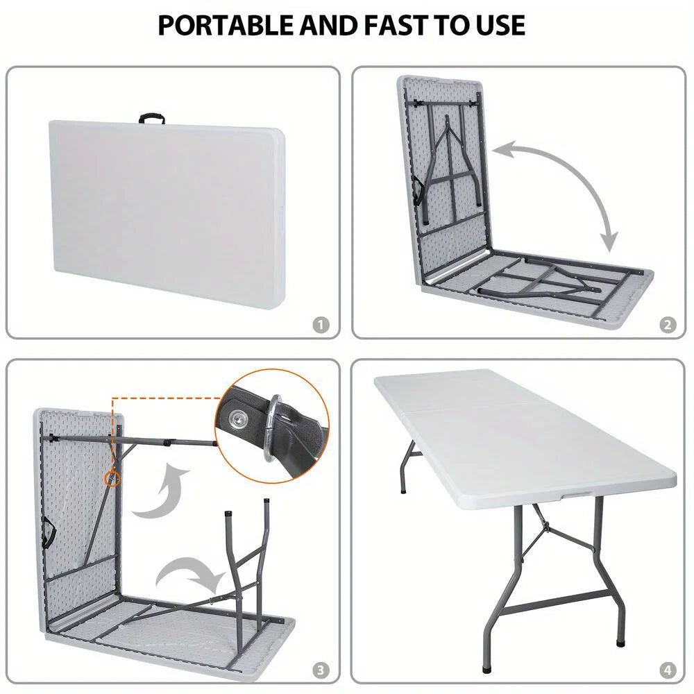 8FT Folding Table Fold-in-Half Plastic Dining Picnic Table for Outdoor w/ Handle