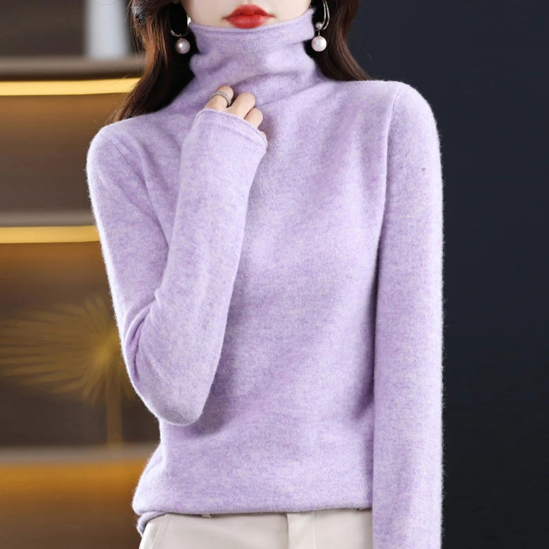 100%Merino Pure Wool Sweater Women's AutumnWinter Long Sleeve High Neck Pullover Warm High Quality Solid Color Basic Knit 2028