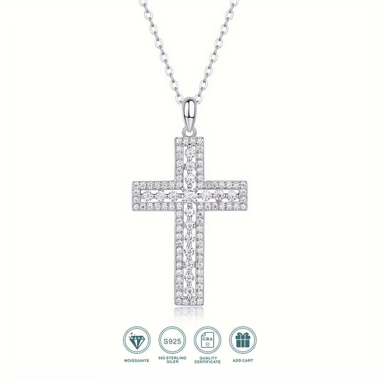 JIUZUAN S925 Silver Plated 18K Platinum Pendant Necklace Channel Set Cross Round Moissanite Diamond Wedding With Certificate