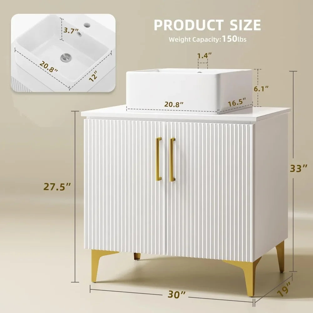30 Inch Bathroom cabinet & Sink, Freestanding Storage Cabinet w/Engineered Stone Countertop, 2 Large Soft Closing Doors w/Shelf