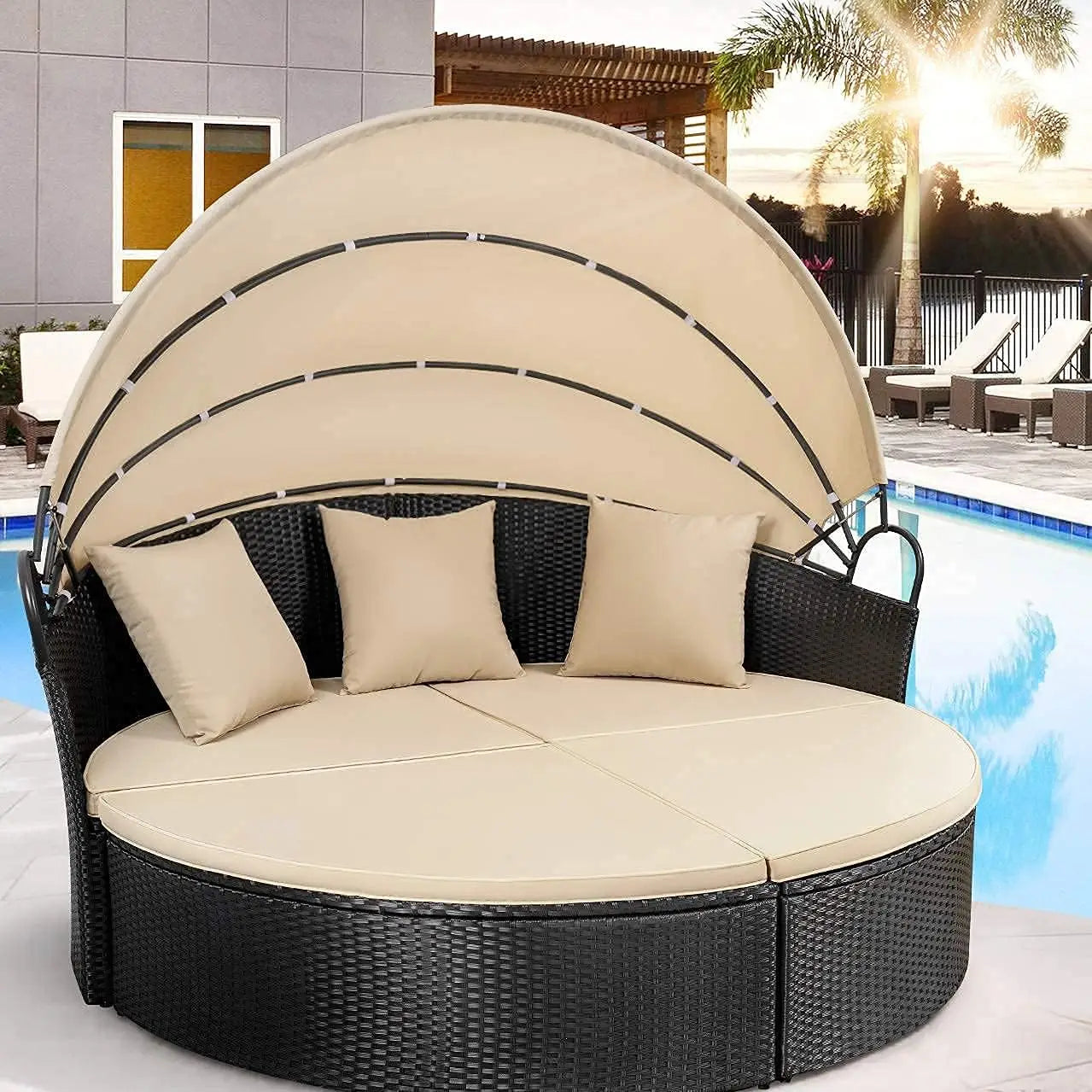 Patio Outdoor Daybed with Retractable Canopy Rattan Wicker Sectional Seating with Washable Cushions for Patio Backyard Porch Rou