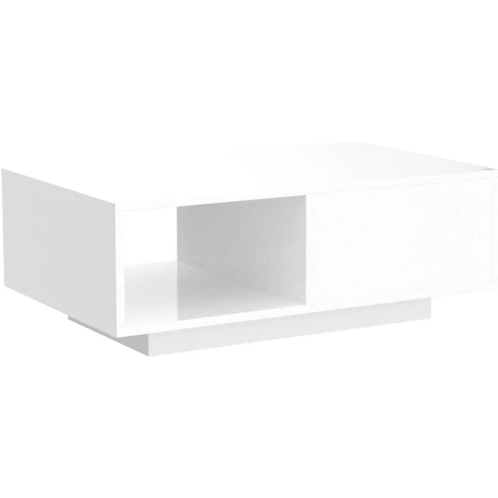 Modern White LED Coffee Tables for Living Room with Drawer & 16-Color LED Lights, Rectangle Living Room Sofa Table with Ample S