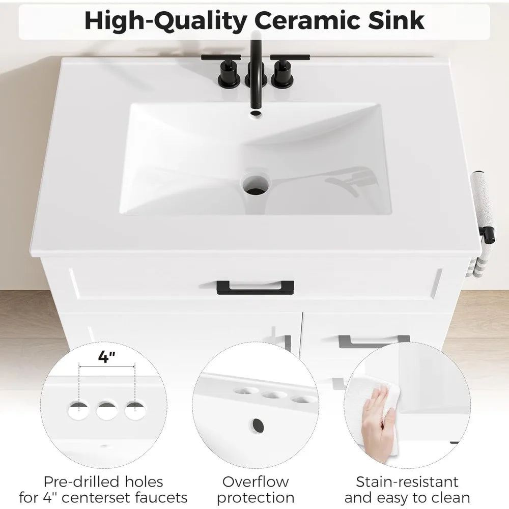 30" Bathroom cabinet with Sink, Cabinet with 2 Drawers, 1 Tip-Out Drawer and 1 Soft-Close Door, Assembly Required
