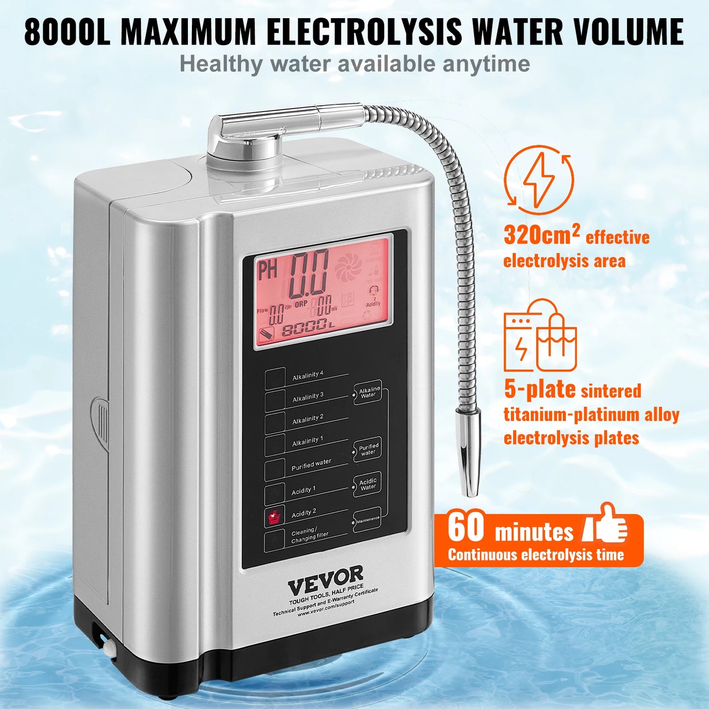 VEVOR Alkaline Water Ionizer Machine pH 3.5-10.5 Alkaline Acidic Hydrogen Water Purifier 7 Water Settings Home Filtration System