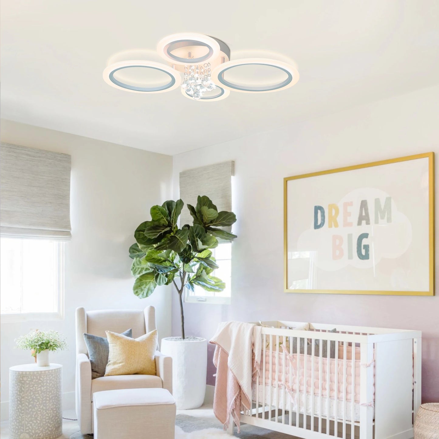 Dimmable Modern Flush Mount Ceiling Lighting Fixture White 4 Rings Round Chandelier Ceiling Lamp for Small Room, Bedroom