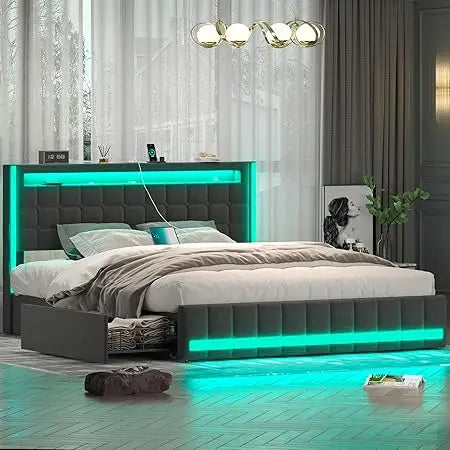 Queen Size Upholstered Platform Bed Frame with Storage Drawers, LED Lights, and Charging Station for Enhanced Convenience
