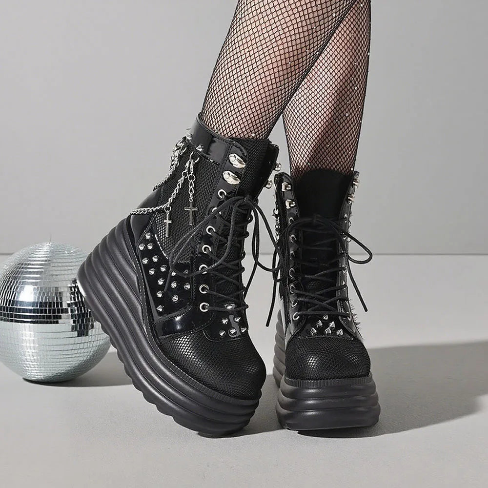 Gothic Y2k Women Ankle Boots Punk Wedges High Heels Platform Stacked Sole Metal Rivet Chain Decor Short Boots For Woman Autumn W