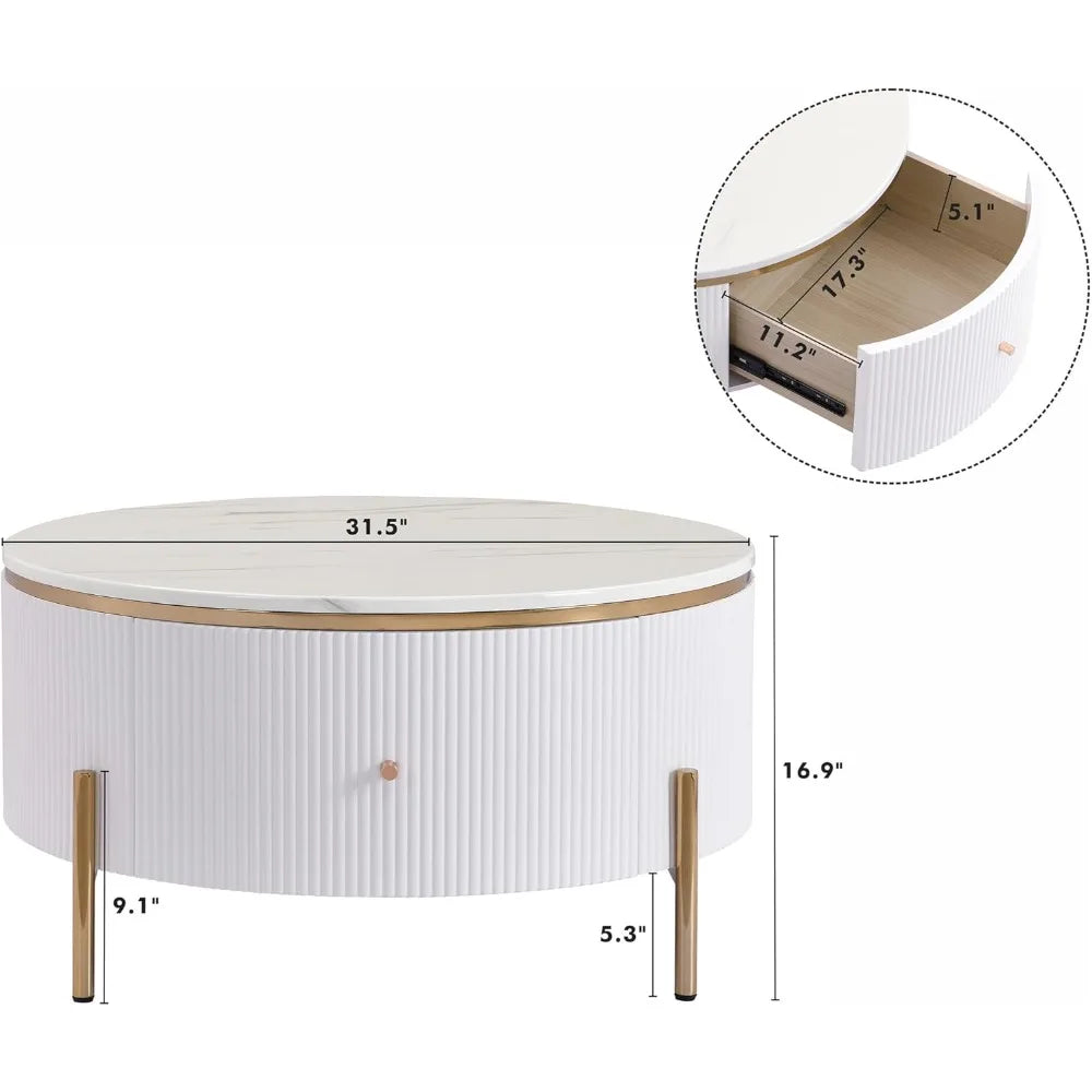 31.5" White Coffee Table with 2 Storage Drawers, Round Side Table, Circle Accent Table with Marble Pattern Tabletop, Modern