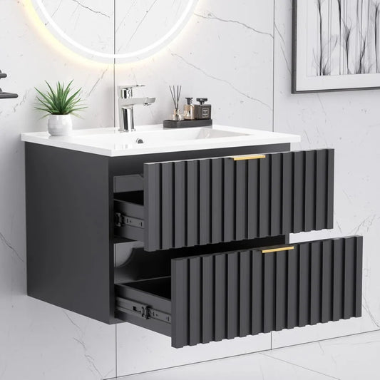 24 Inch Bathroom Vanity with Sink Combo, Floating Bathroom Vanity with 2 Fluted Drawers & Metal Handle,Modern Wall Mount Storage