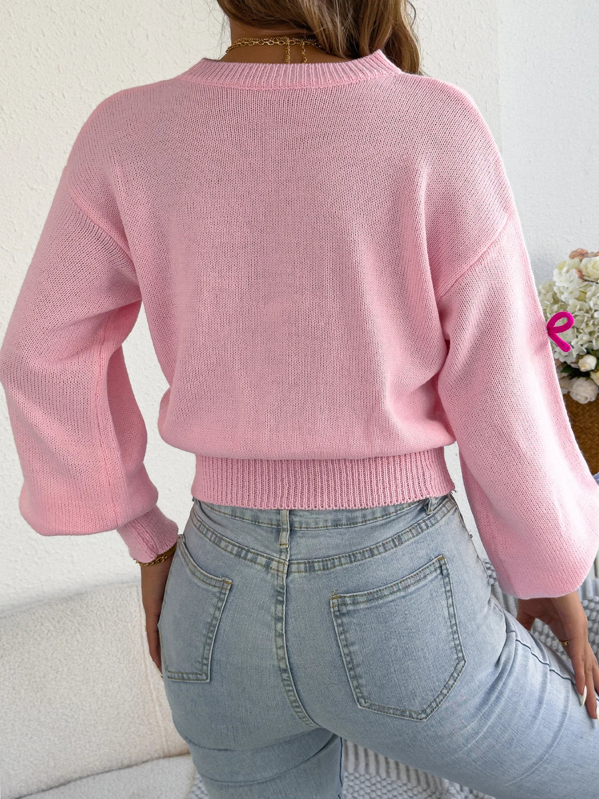 2025 Fashion Contrast Color Bows Knitted Sweaters Round Neck Lantern Long Sleeve Tops for Autumn Winter Casual Women Clothes