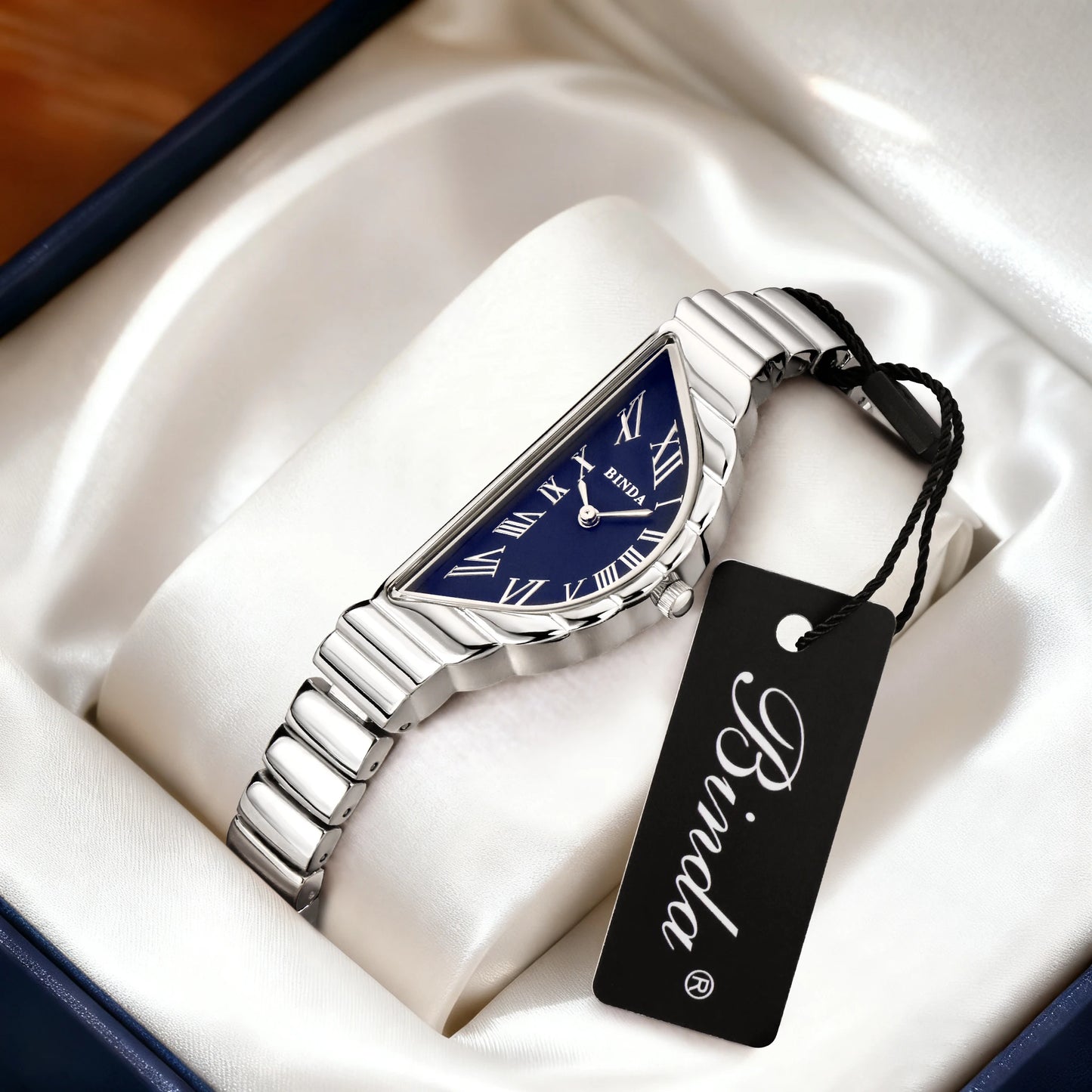 Binda Women’s Gold Case Quartz Watch – Curved White Dial, Half-Round Roman Index, 30M Water-Resistant, Elegant Gift Box Set