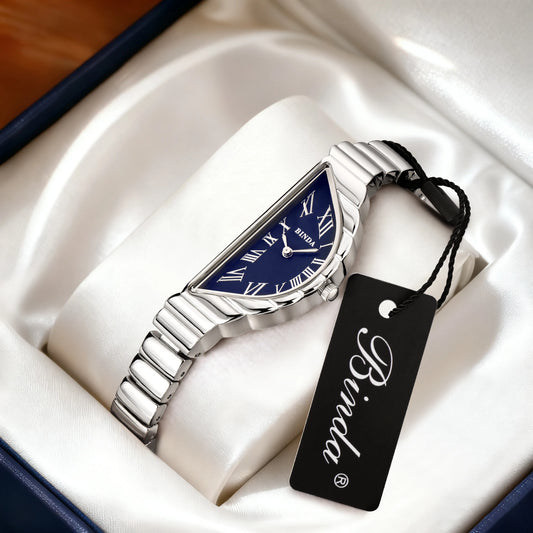 Binda Women’s Gold Case Quartz Watch – Curved White Dial, Half-Round Roman Index, 30M Water-Resistant, Elegant Gift Box Set